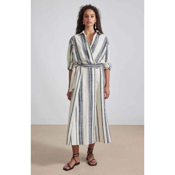 NWT APIECE APART Gabriella Tie Wrap Dress Organic Cotton Midi Cream Bold Stripe - Picture 2 of 8